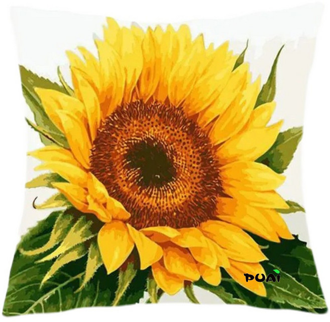 푸아이 실십자수 세트 복 들어오는 해바라기 자수 쿠션 커버(솜포함) 프린트도안 패키지 45x45cm, 일반면사(솜포함), 1개