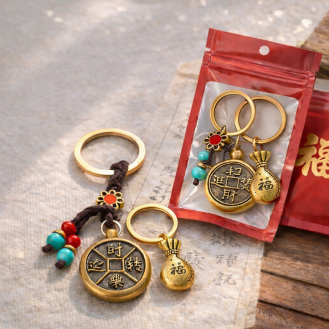 다올 액막이 재물운 엽전 복조리 열쇠고리, 1세트, 골드