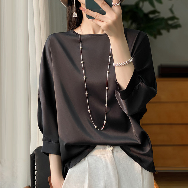 PETITBATH여성 블라우스 라운드넥 7부 소매 베이직 실크 셔츠WZS60223