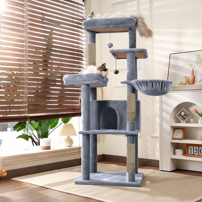 New World 대형 캣타워 튼튼한 다기능 등반+스크래쳐+장난감 고양이 집08, 1개, 다크 그레이