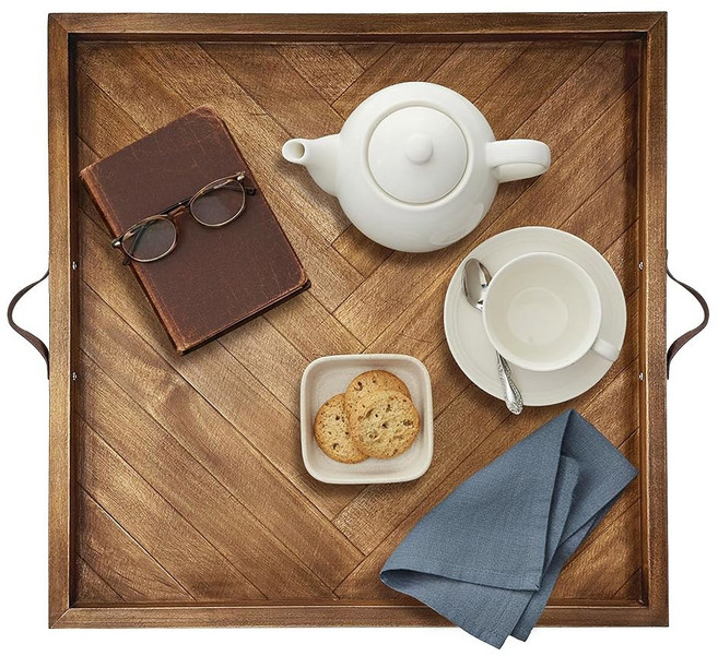 대형 정사각형 오토만 트레이 61cm 트레이 달린 가죽 나무 소박한 오토만을 손잡이가 x 위한 24인치) 장식 61cm(24인치 보관, 24" x 24" x 1.6", 1개