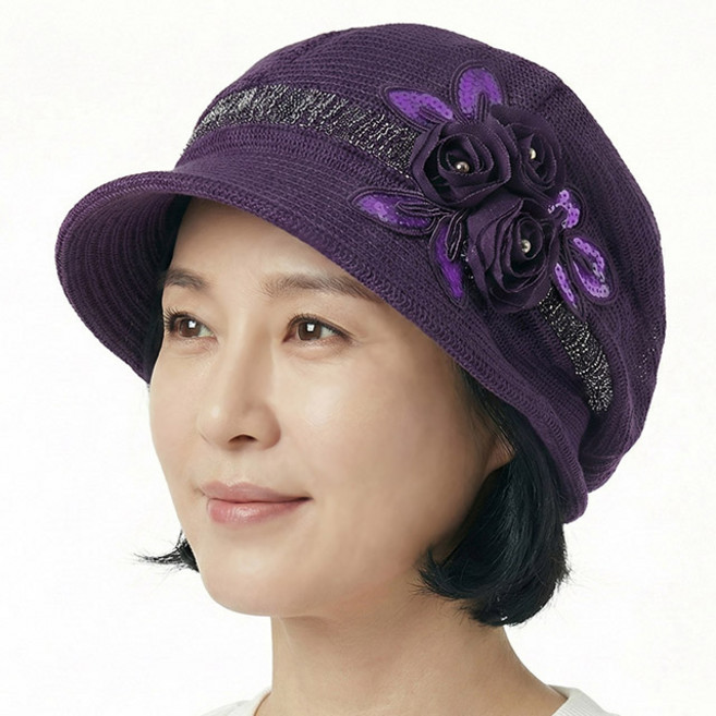 베이직엠 여성 여름 반다나 두건 망사모자 챙비니 스팽글 장미