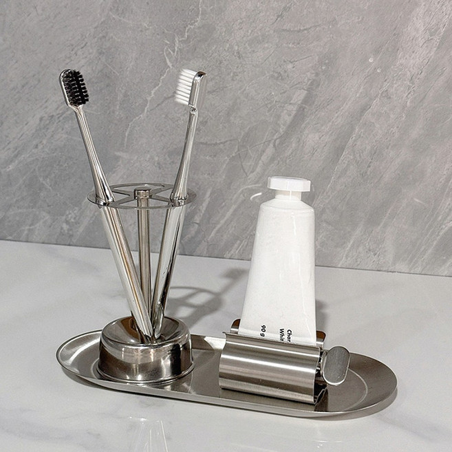 담아 스텐 4구 칫솔꽂이 치약짜개 칫솔치약 홀더 세트, 실버, 1개