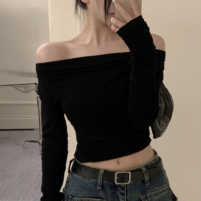 cammello 원숄더 드레이프 셔링 슬림핏 티셔츠 오프숄더 긴팔티