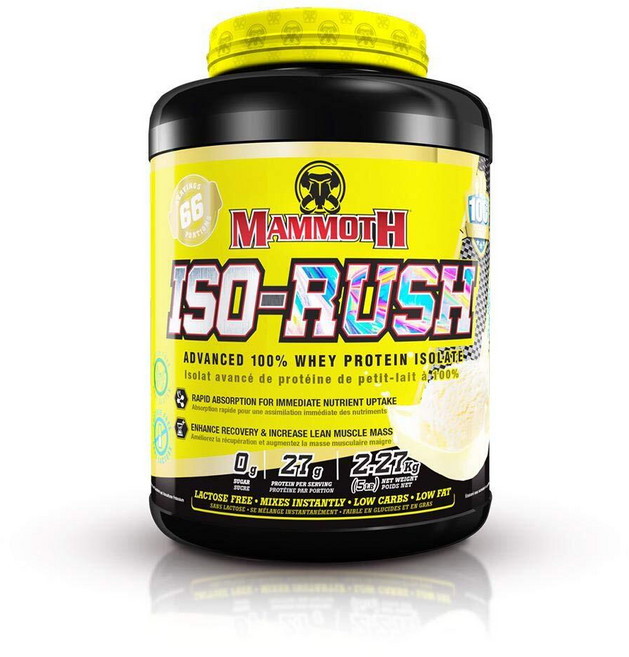 Mammoth Iso-Rush 프리미엄 분리 유청 단백질 빠른 소화 호르몬 프리 크로스 플로우 마이크로 필터(CFM) 무설탕 생체 활성 락토스 프리 글루텐 프리, Mammoth Iso-Rush, 프리미엄 분리 유청 단, 1개, 2.27kg