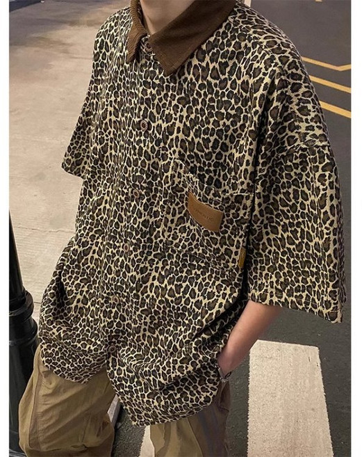 COSYEVNO 남성 반팔 셔츠 레오파드 패션 루즈핏 빈티지 여름 티셔츠