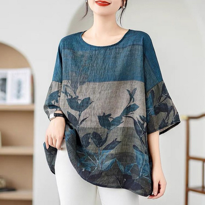 중년여성복 패션 면마 반팔티 여성용 여름 빅사이즈 캐주얼 루즈핏 데일리룩 상큼한 날씬한 린넨 상의