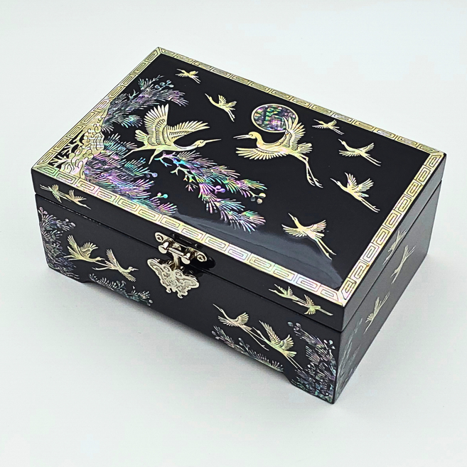 한국민예사 나전칠기 한지 검정 6치 자개 보석함 돌반지 악세사리 보관함 돌반지함 한국 전통 공예품 외국인 선물, 송학 검정