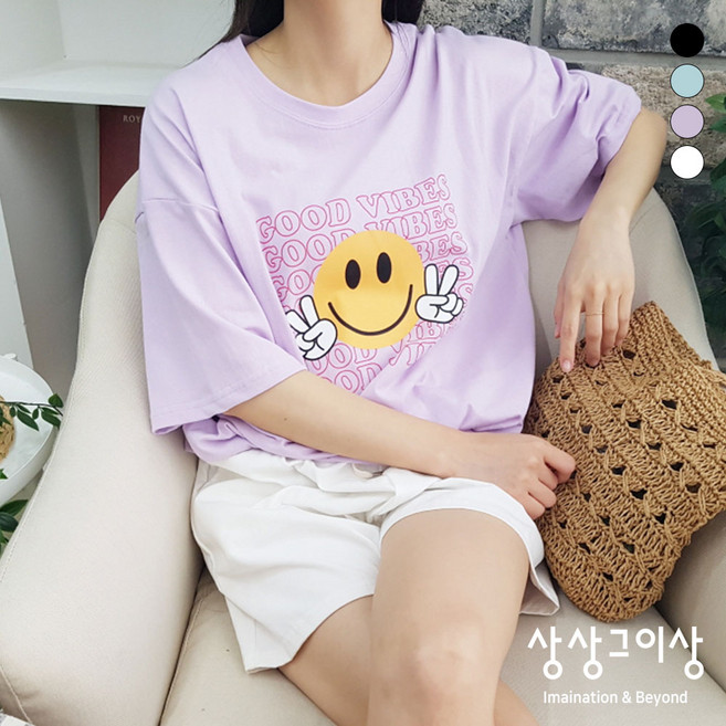 상상그이상 여성용 국내제작 라운드넥 브이 스마일 반팔 티셔츠 프린팅 포인트 체형 커버 해주는 루즈핏 캐주얼 데일리룩