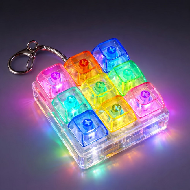 레인보우 LED 불빛 키보드 딸깍이 키캡 키링 9구 클릭커, 1개, 무지개