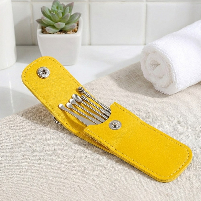 잘샀지 휴대용 스텐 노랑 파우치 귀이개 세트, 1개, 6개입