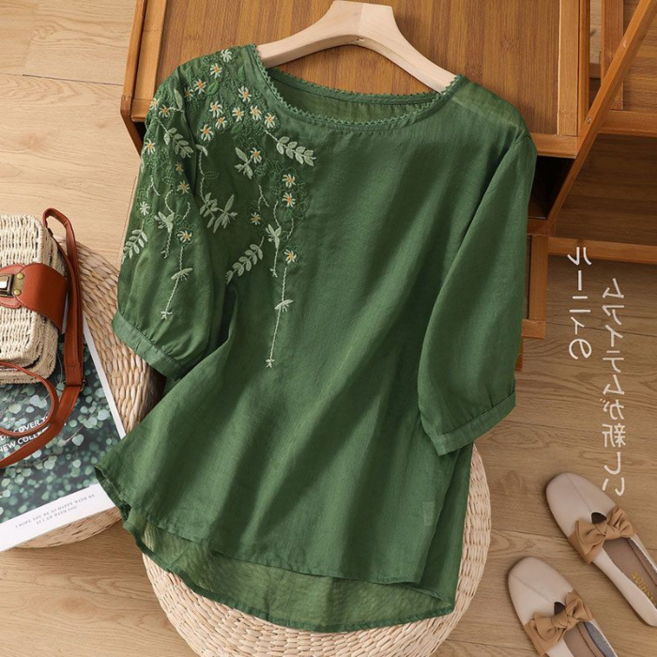 棉麻復古刺繡短袖T恤上衣女