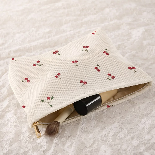 귀여운 체리 프린팅 코듀로이 파우치 여행용 화장품 수납