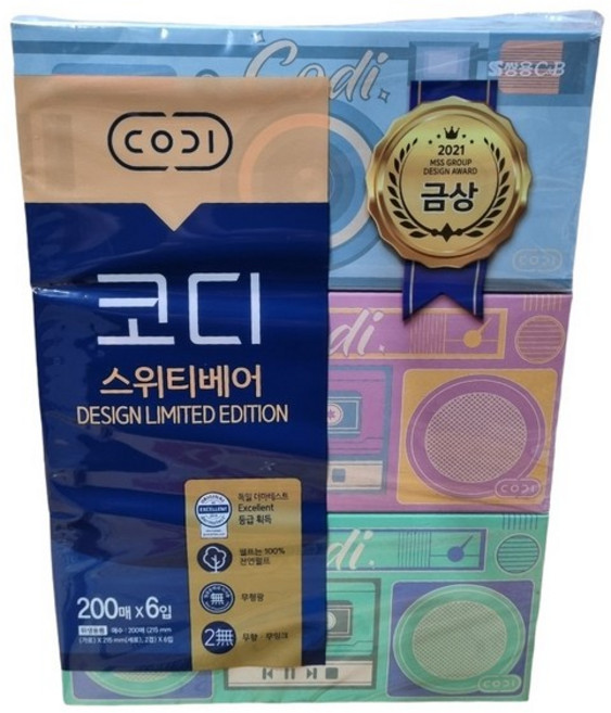쌍용 CODI 코디 스위티베어 각티슈 미용티슈 200매 6입, 6개입, 200개