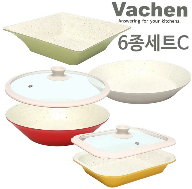 토탈하우스 바첸 쿠커블웨어 6종세트C (헤라옐로우+헤스티아레드+아르테미스그레이+데메테르그린+원형뚜껑+직사각뚜껑), 1개