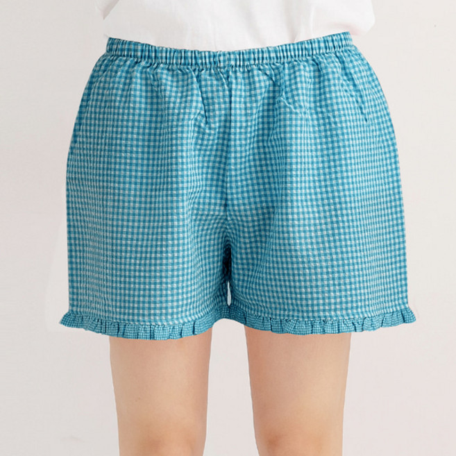 여성 여름 체크 파자마 반 바지 여자 3부 잠옷 PJ프릴 블루