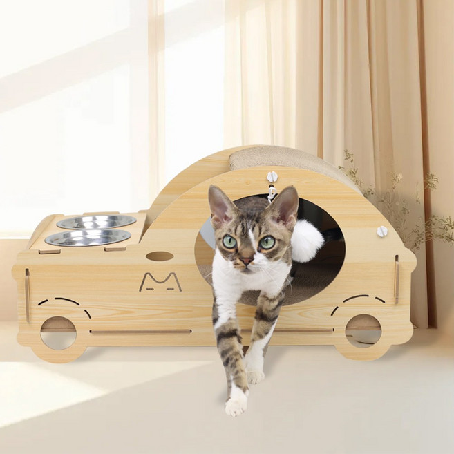 왕왕왕성 자동차 숨숨하우스 스크래쳐 스텐식기세트, 1개, 내츄럴 우드색