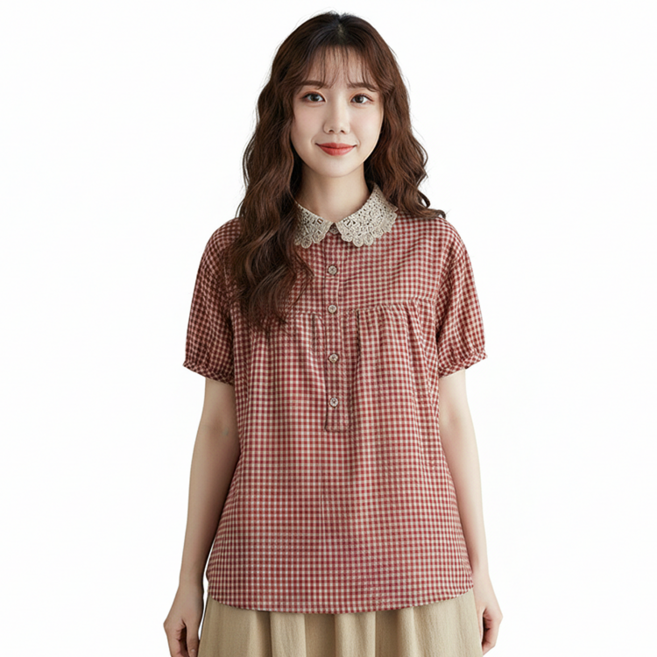 데일로엔 여성 여름 체크 블라우스 러블리 레이스 카라 빅사이즈