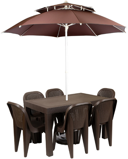 지오리빙 국산 원터치 파라솔세트 라탄테이블 74120 라탄등받이의자 세트 야외용 테이블의자, 테이블1개+라탄등의자6개, 브라운(원형지지대)