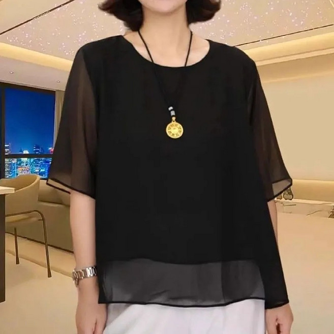 중년여성의류 라운드넥 쉬폰 블라우스 빅사이즈 오버핏 망사티 데일리 심플 시원한 반팔티