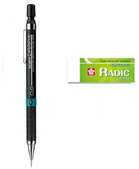 오피스크루] 제브라 드라픽스 샤프펜슬 블랙 샤프심 지우개 문구선물용, 0.9 샤프세트