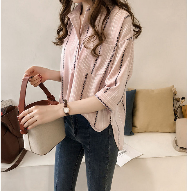 여성 핑크 줄무니 빅사이즈 셔츠 봄가을 줄무늬 박스남방GPXXCY0624010