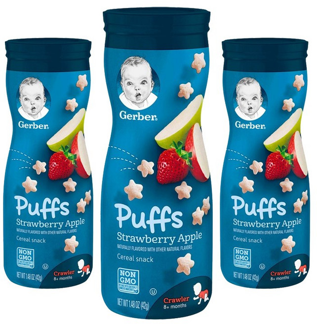 gerber 퍼프 시리얼 스낵 크로어 8+ 먼스 42g, 3개, 딸기 + 사과