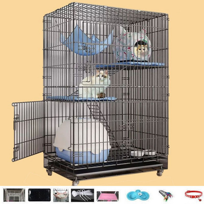 YUMDE 고양이 철창 케이지 대형 빌라 휠 이동식 반려묘 하우스 접이식 3단, 블랙, 1개