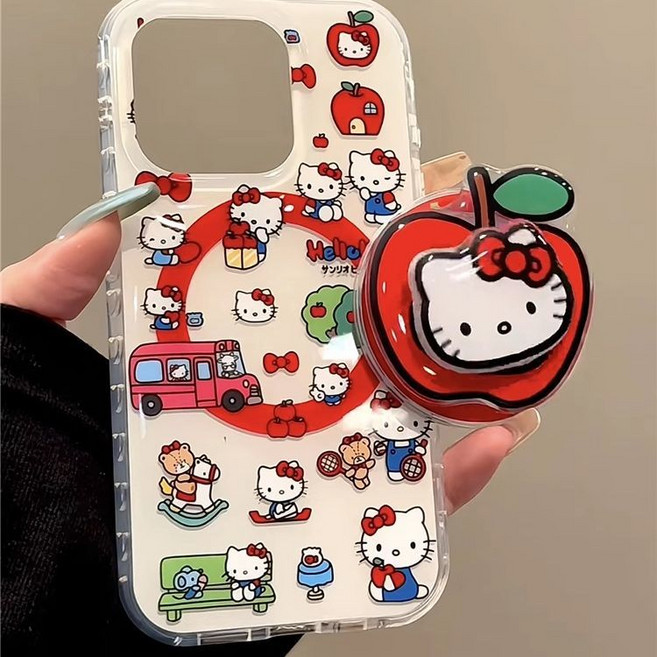 TYREUS 온 스크린 키티 케이스 사과 머리 키티 맥세이프 그립톡 아이폰 호환 케이스
