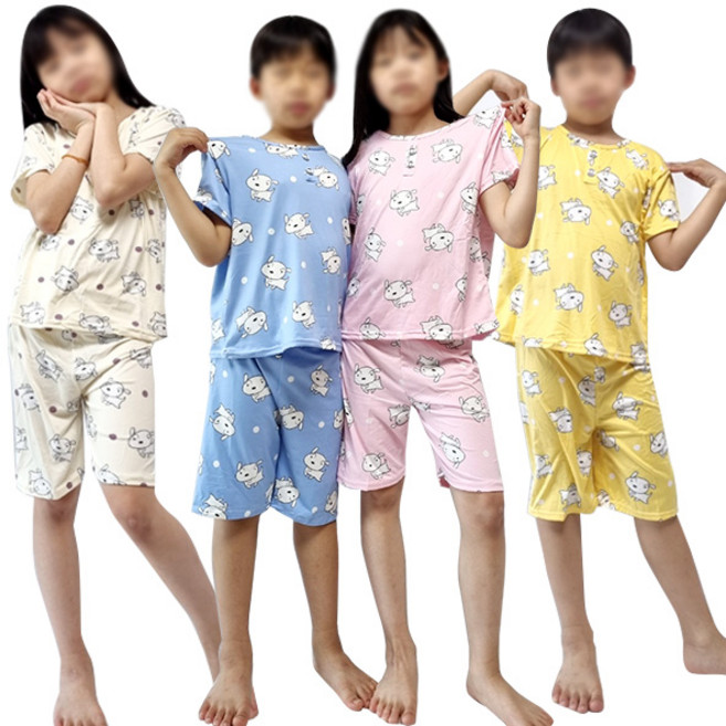 아동 실내복 홈웨어 파자마 파티 주니어 학생 피치 강아지 스판 복숭아 패턴 반팔 키즈 잠옷 세트 봄 여름 가을 사계절 사방스판 부드러운 상의 하의 신축성 편안한 내복