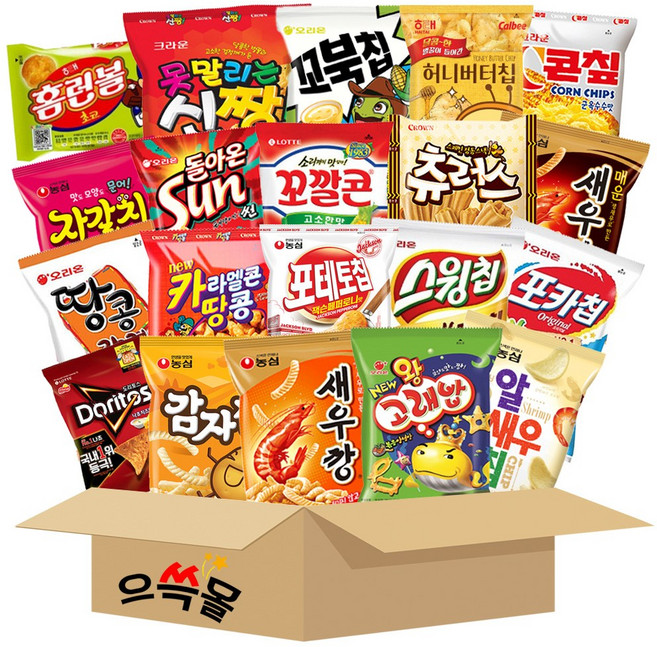 봉지과자 선물세트 20종 1호 썬칩 신짱 꼬깔콘 포테토칩 왕고래밥 츄러스 카땅 홈런볼 포카칩 스윙칩 꼬북칩 콘칲 땅콩강정 허니버터칩 나쵸 자갈치 새우깡 감자깡 알새우칩 매운새우깡, 1개
