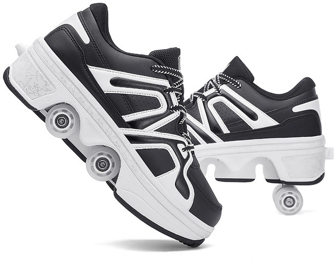 4륜 스케이트 컬러풀한 LED 조명 복열 스케이트 접이식 변형 바퀴 남녀공용 운동화 탈부착 스케이트 인라인 스케이트, 검은색, 1개