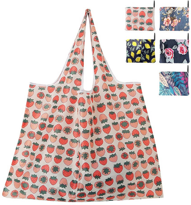 플라워 포켓 장바구니 1+1 시장 가방 다용도 주머니 접이식 대용량, 딸기+레몬