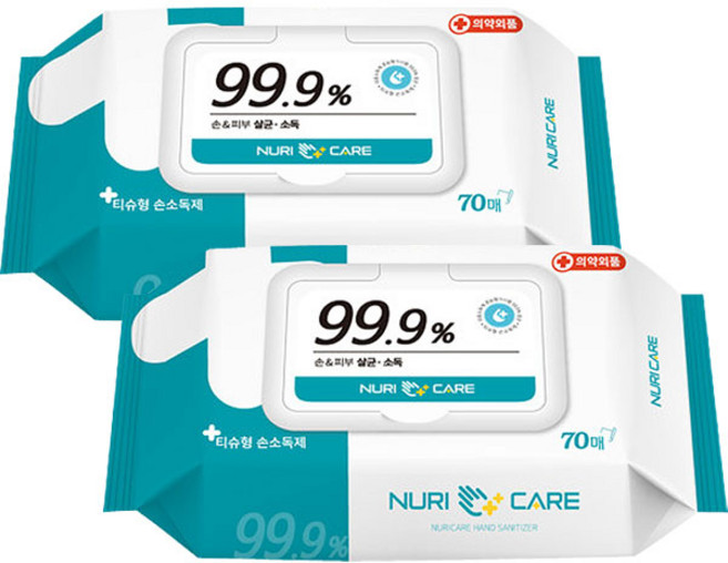 누리케어 손소독제 물티슈 캡형, 2개