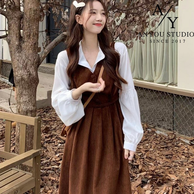 ANYOU 패션 롱 여성원피스 코듀로이 슬림핏 학원풍 데일리룩 셔츠원피스 여성용 휴양지원피스 브이넥 브라운컬러 롱원피스