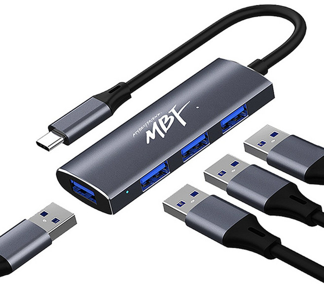 엠비에프 Type-C to USB3.0 1포트+USB2.0 3포트 무전원 허브 MBF-CH2031 C타입 USB포트확장 생성 알루미늄합금 메탈바디, 1개