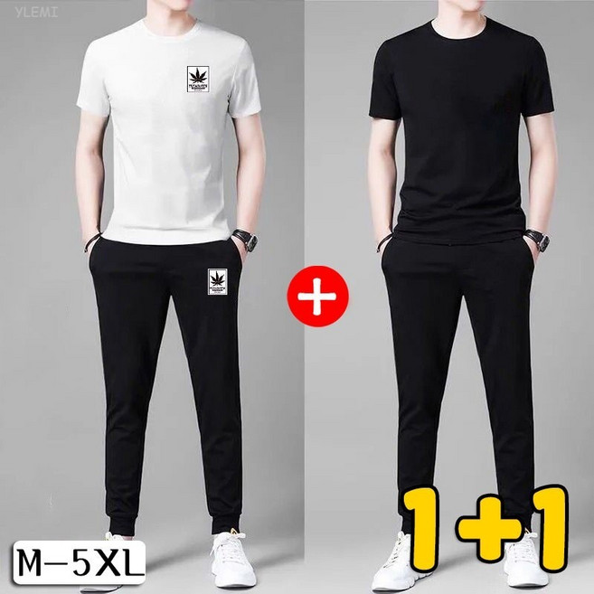 YLEMI 1+1 남자 여름 얇은 반팔 티 세트 캐주얼 작업복 티셔츠+바지 2p