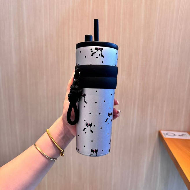 710ML 316不鏽鋼保溫杯帶吸管 高效保溫保冰 創意馬卡龍色系, 黑色小蝴蝶結, 1套, 710L