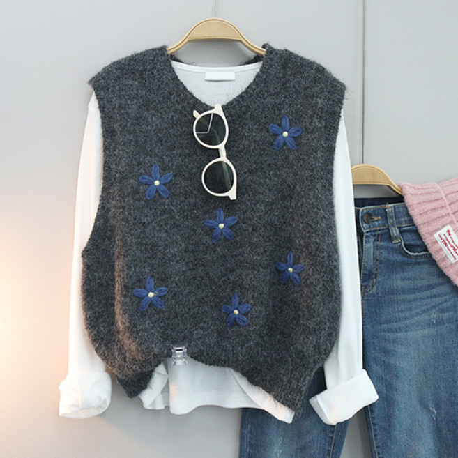 달콩 여성 봄니트 베스트 미니플라워니트조끼