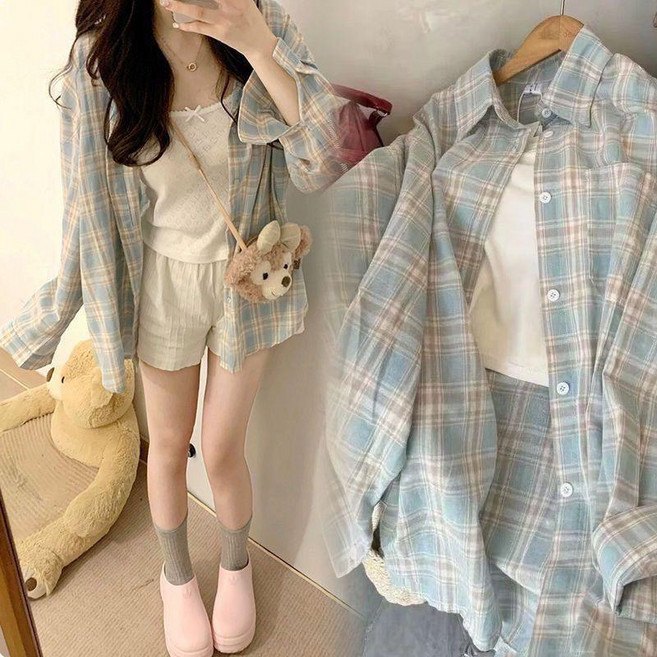 格子襯衫 復古寬鬆長袖襯衣 女 上衣外套