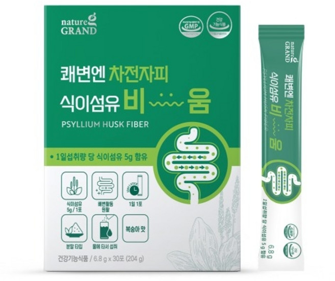 쾌변엔 차전자피 식이섬유 비움 집중케어 수용성 분말 복숭아맛 식약처 인증, 6.8g, 30개