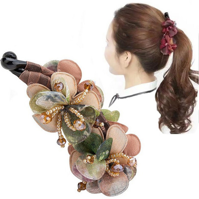여성 바나나핀 헤어집게핀 고급 플라워 머리핀 올림머리 큐빅 예쁜 반몪음 헤어집게