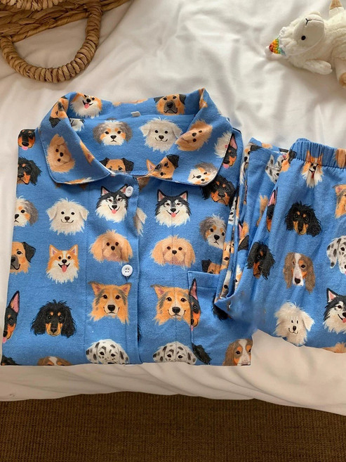 可愛小狗圖案長袖睡衣套裝 柔軟親膚 舒適保暖
