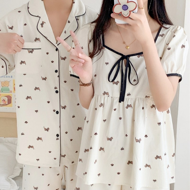 러빙리 러브도그 여름 반팔 커플 원피스 잠옷 러블리 상하세트 파자마 홈웨어