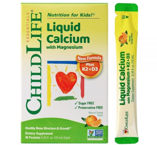 ChildLife Essentials 아동용 액체 칼슘 보충제 1인용 - 마그네슘 비타민 D3 및 K2가 함유된 아기 칼슘 뼈 지원 이동 중 영양 오렌지 맛 10.1ml, 1개