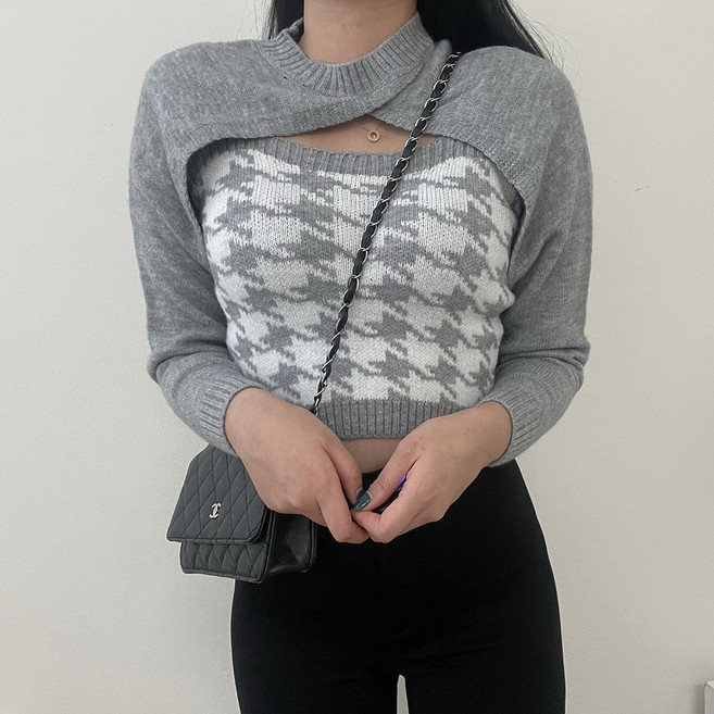 바나나2 여성 하운드체크 볼레로 가디건 나시 투피스세트