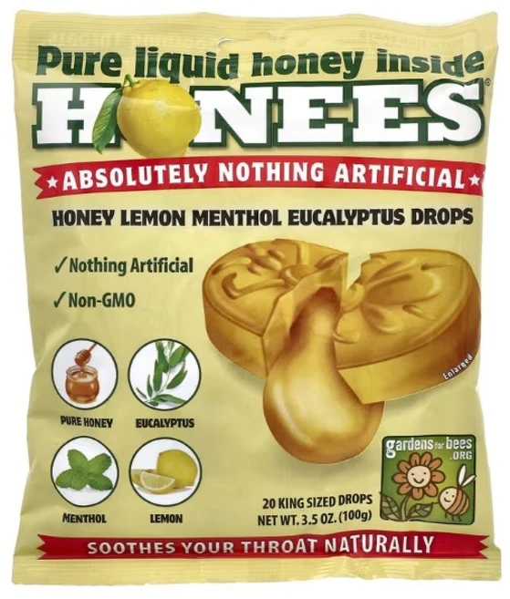 Honees 허니 레몬 멘톨 유칼립투스 기침약 킹사이즈 캔디 100g(3.5oz), 20개, 5g - 쿠팡