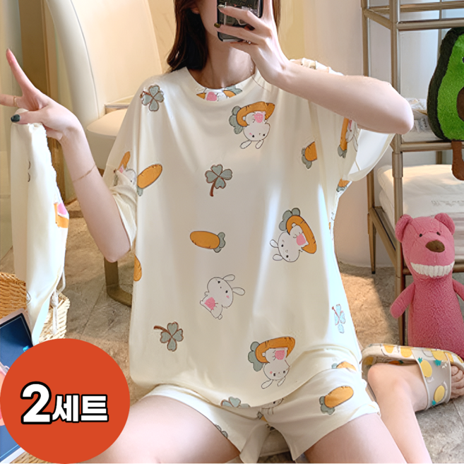 1+1(2세트) 캐릭터 11종 반팔 상하세트 여성 잠옷 파자마 홈웨어 수면 실내복 마켓엘리