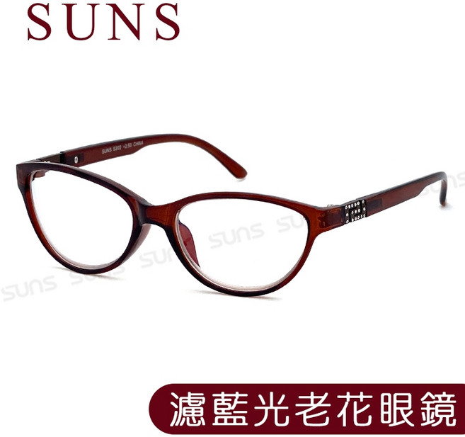 抗紫外線濾藍光老花眼鏡 時尚祕戀鑲鑽深茶紅 高硬度耐磨鏡片 配戴無暈眩感