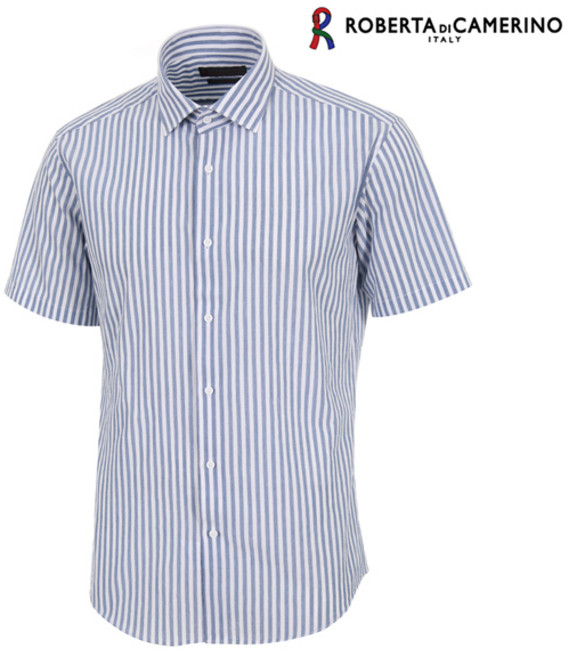 로베르타디까메리노 남성용 면100 스트라이프 슬림핏 블루 반소매 셔츠 RM2-253-2
